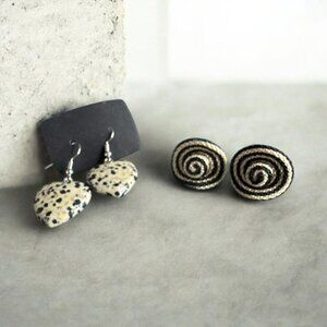 Dalmatian Jasper Heart Dangle Earrings & Black/Gold Woven Spiral Stud Earrings S